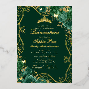Floral Swirl Butterfly Emerald Quinceanera Folie Uitnodiging