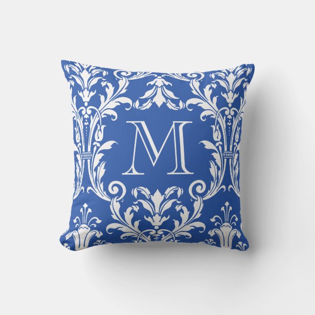Floral Swirls Monogram blauw en wit Kussen (Voorkant)
