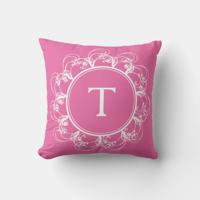 Floral Swirls Monogram Pillow roze Kussen (Voorkant)