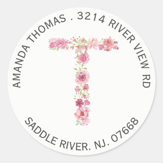 Floral T Initiaal Monogram Retouradres Sticker (Voorkant)