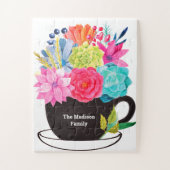 Floral Tea Coffee Cup Roze Blue Red Familienaam Legpuzzel (Verticaal)