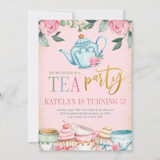 Floral Tea Party Birthday Invitation Kaart (Voorkant)