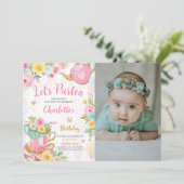 Floral Tea Party Verjaardag Foto Kaart (Staand voorkant)