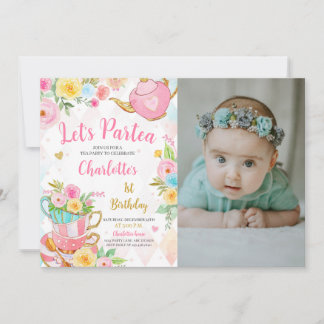 Floral Tea Party Verjaardag Foto Kaart