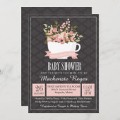 Floral Teacup Baby shower Invitation, Tea Party Kaart (Voorkant / Achterkant)