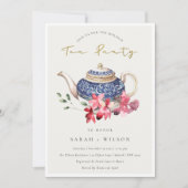Floral Teapot Red Blue Holiday Tea Party nodigt ui Bedankkaart (Voorkant)