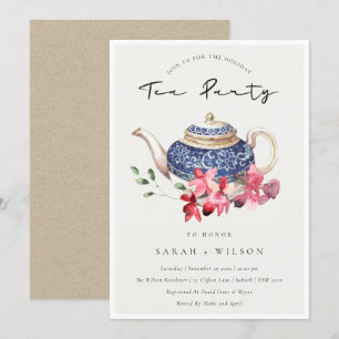 Floral Teapot Red Blue Holiday Tea Party nodigt ui Bedankkaart