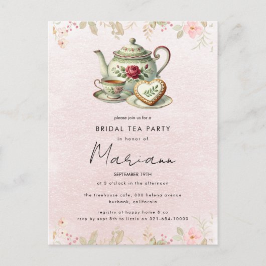 Floral Teapot Vrijgezellenfeest Tea Party Invitati Briefkaart (Voorkant)