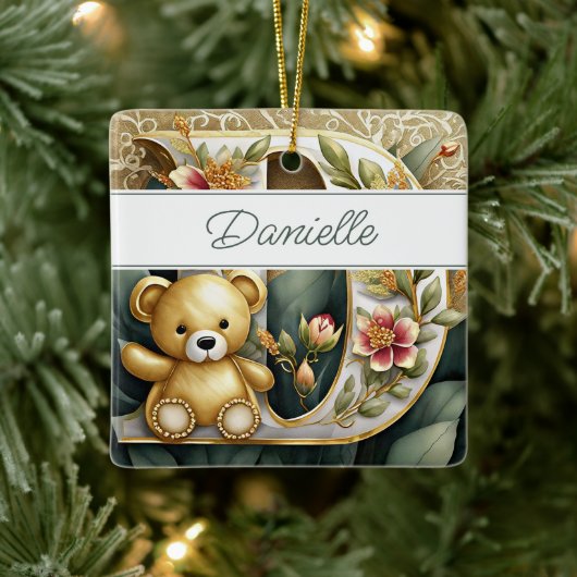 FLoral Teddy Bear letter D gepersonaliseerd Keramisch Ornament (Boom)