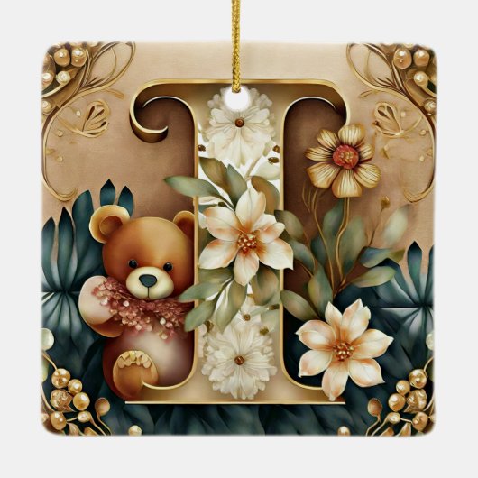 FLoral Teddy Bear letter I Keramisch Ornament (Achterkant)