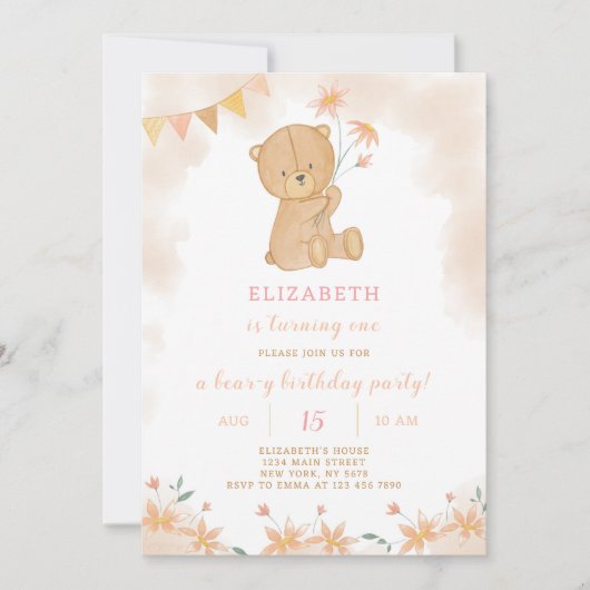 Floral Teddy Invitation d'anniversaire (Devant)