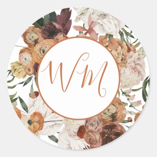 Floral Terracotta Monogram Wedding Sticker Label (Voorkant)