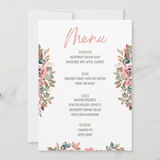 Floral Thanksgiving Diner Menu Bruiloft Menu Kaart (Voorkant)