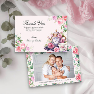 Floral  theepot pasgeboren foto Baby shower Bedankkaart