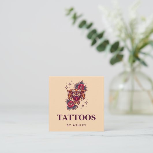 Floral Tiger Stardust Sparkle Girly Tattoo Artist Vierkante Visitekaartje (Staand voorkant)
