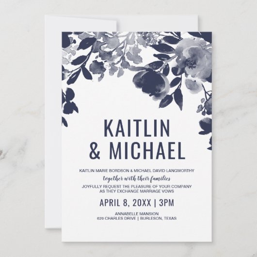 Floral tout en un Faire-part de mariage (bleu mari (Devant)