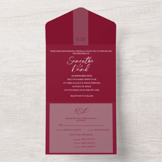 Floral tout en un Faire-part de mariage Bourgogne (À l'intérieur)