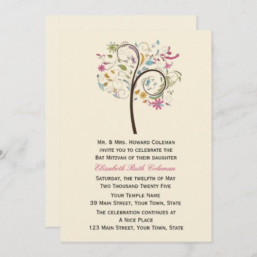 Floral Tree, Invitation Bat mitzvah (Devant / Derrière)