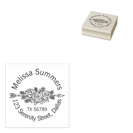 Floral Tribal Arrow, Roos Flowers Round Address Rubberstempel (Gestempeld)