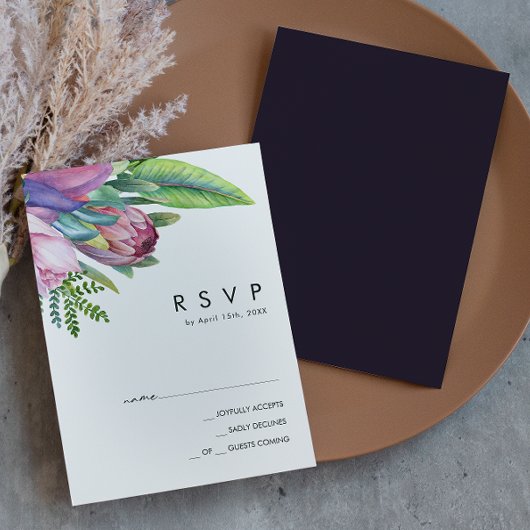 Floral tropical coloré | Carte RSVP violette foncé