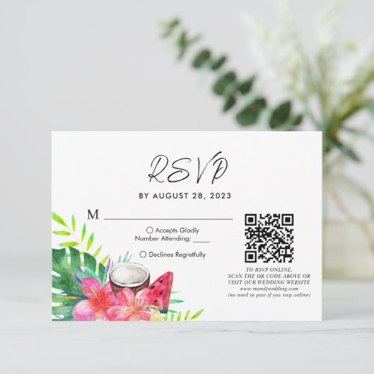 Floral Tropical Hawaiian QR Code Bruiloft RSVP (Staand voorkant)