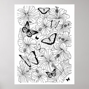 Floral Tropical Hibiscus en Butterflies Coloring Poster