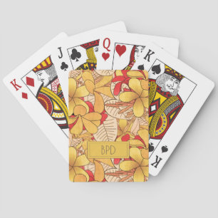 Floral Tropical Pattern Monogrammed Red Yellow Pokerkaarten