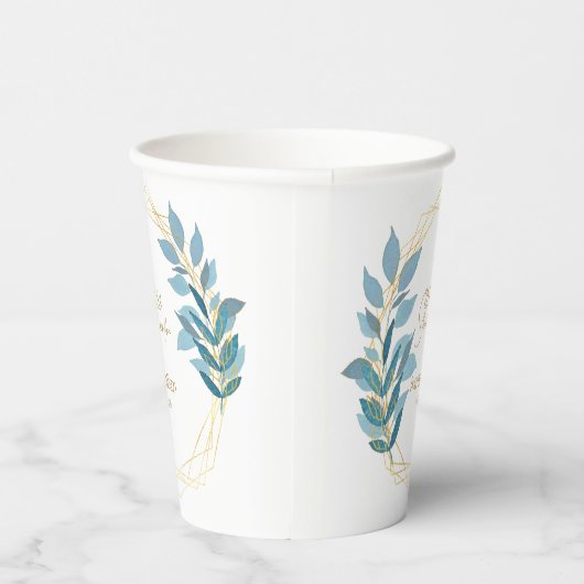 Floral Turquoise Blue en Gold Papieren Bekers (Rechts)