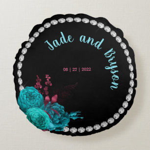 Floral Turquoise en Mauve Elegant Rhinestone Rond Kussen