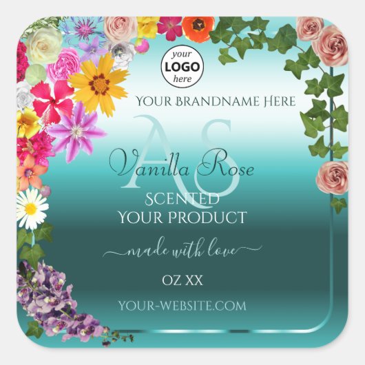 Floral Turquoise Gradient Produit Étiquettes Monog (Devant)