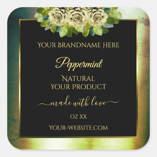 Floral Turquoise marbre vert noir Étiquette de pro (Devant)