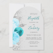 Floral Turquoise Zilver Glitter Grijze Boog Huweli Kaart (Voorkant)