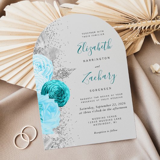 Floral Turquoise Zilver Glitter Grijze Boog Huweli Kaart