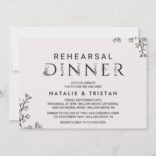 Floral Typography Rehearsal Dinner Kaart (Voorkant)