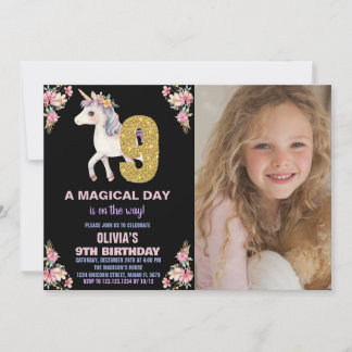 Floral Unicorn Birthday Uitnodigingen met foto