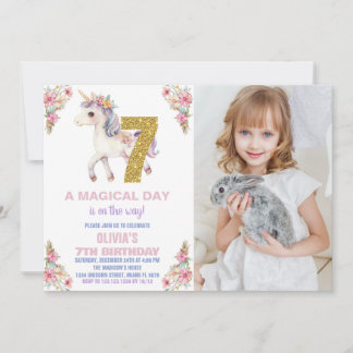 Floral Unicorn Birthday Uitnodigingen met foto