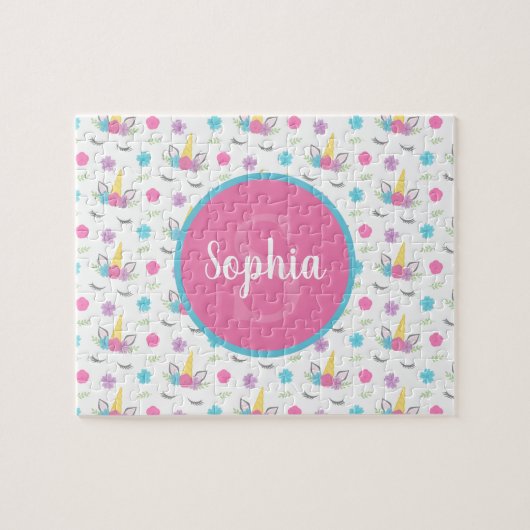 Floral Unicorn Face Gepersonaliseerd Monogram Kind Legpuzzel (Horizontaal)