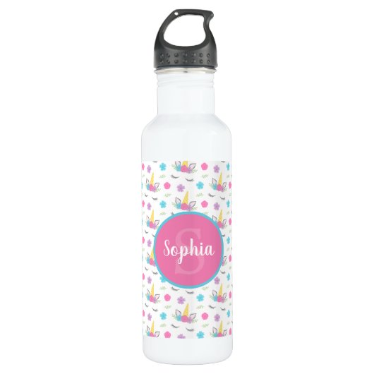 Floral Unicorn Face Gepersonaliseerd Monogram Waterfles (Voorkant)