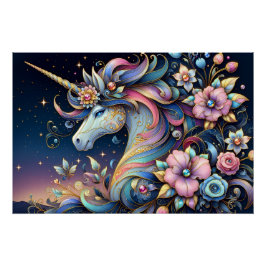 Floral Unicorn Night Fantasy Perfect Poster