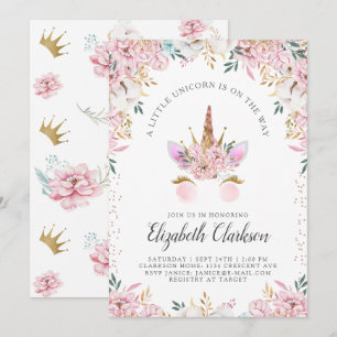 Floral Unicorn Princess Baby shower Kaart