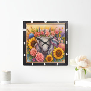 Floral Unicorn Regenboogbos Vierkante Klok