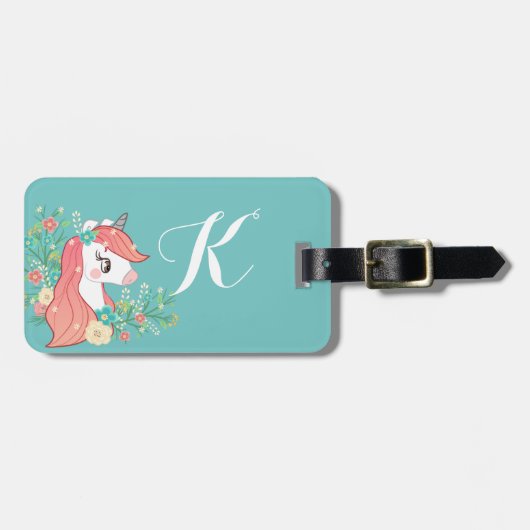 Floral Unicorn Turquoise Monogrammed Bagagelabel (Voorkant horizontaal)