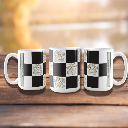 Floral Veterinary Pawprint dambord Naam Koffiemok