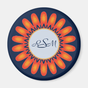 Floral Vibrant Oranje Flower Navy Blue Monogram Magneet
