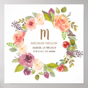 Floral vibrant   Poster personnalisé de naissance 
