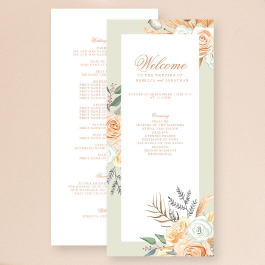 Floral Vintage Boho Peach Wedding Programme