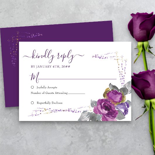 Floral violet et Confett or Mariage simple RSVP
