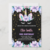 Floral violet noir Unicorne Invitations Anniversai (Devant)