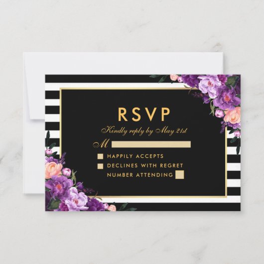 Floral violet or rayé noir Mariage RSVP (Devant)
