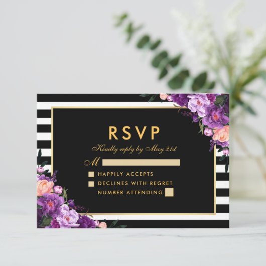 Floral violet or rayé noir Mariage RSVP (Debout devant)